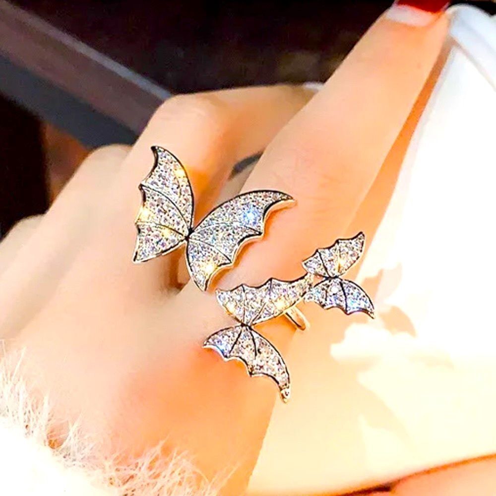 Sparkle Crystals Wings Open Band Silver Ring - NEW